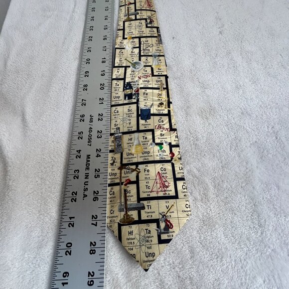 Museum Artifacts Periodic Table Science All Silk Hand Made Tie 29" Beige New $49 - Picture 3 of 4